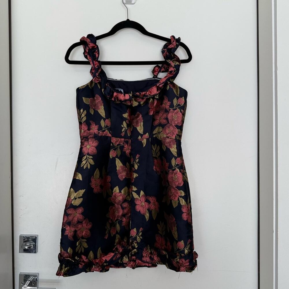 Lulu’s Pop The Bottle Navy Blue Floral Jacquard Ruffled Mini Dress - Picture 7 of 10